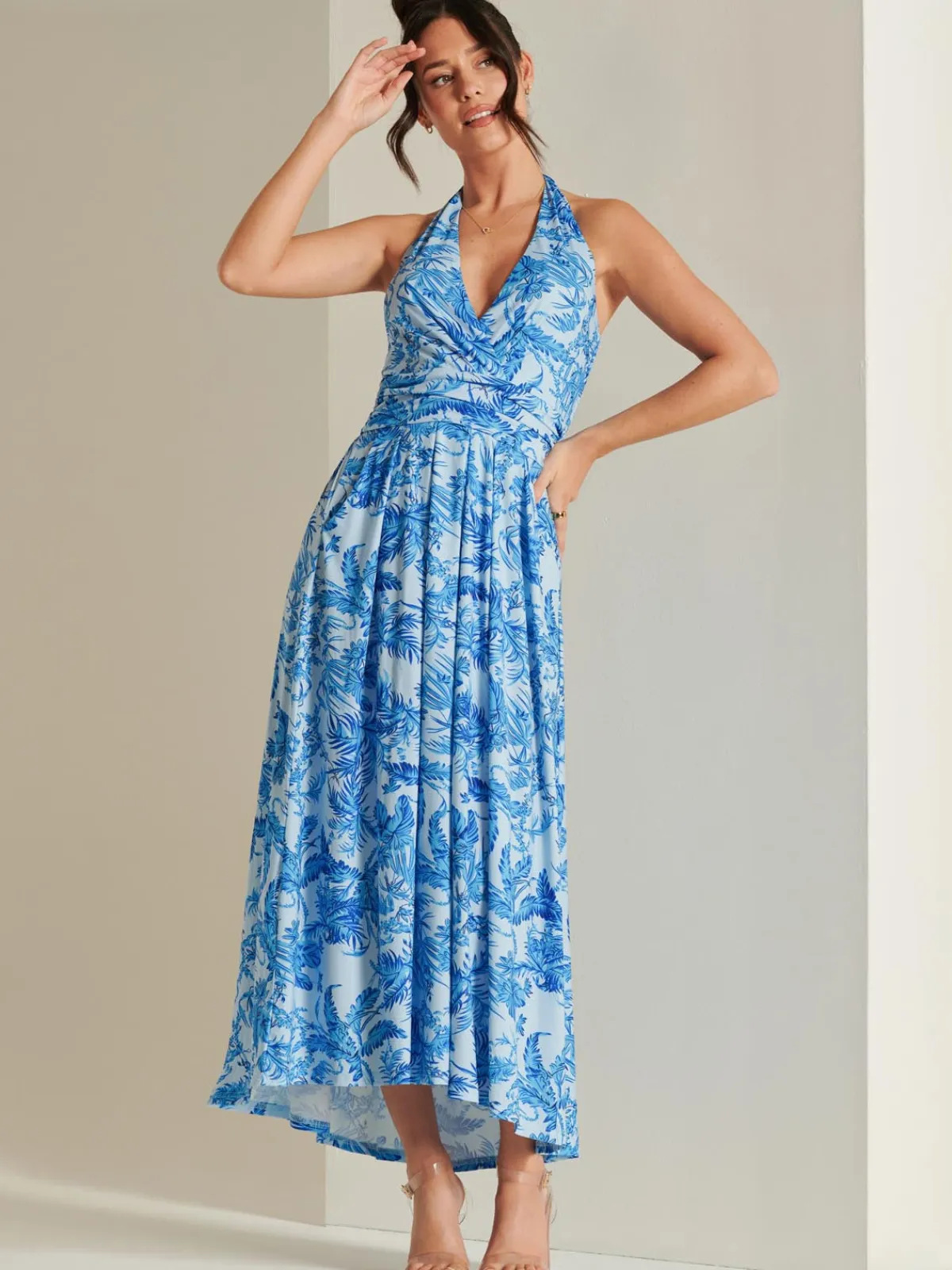 Jolie Moi Occasion Dresses|Jersey Dresses-Plunge Neck Shirred Back Maxi Dress, Blue