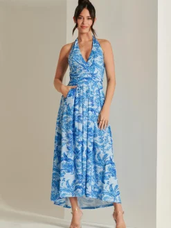 Jolie Moi Occasion Dresses|Jersey Dresses-Plunge Neck Shirred Back Maxi Dress, Blue