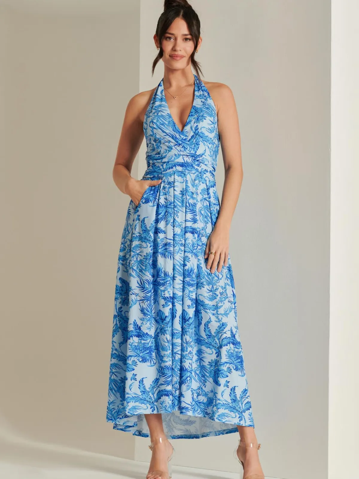 Jolie Moi Occasion Dresses|Jersey Dresses-Plunge Neck Shirred Back Maxi Dress, Blue