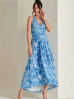 Jolie Moi Occasion Dresses|Jersey Dresses-Plunge Neck Shirred Back Maxi Dress, Blue