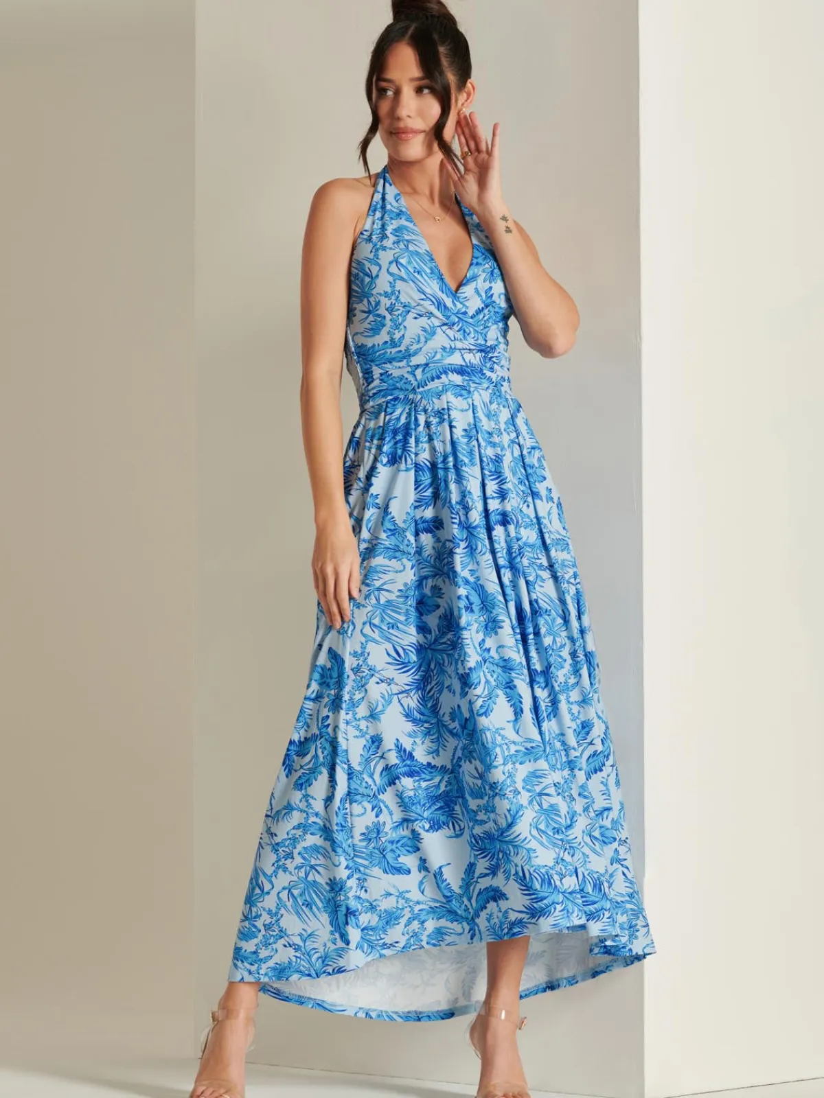 Jolie Moi Occasion Dresses|Jersey Dresses-Plunge Neck Shirred Back Maxi Dress, Blue