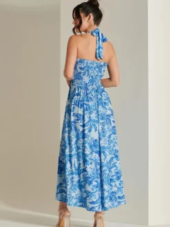 Jolie Moi Occasion Dresses|Jersey Dresses-Plunge Neck Shirred Back Maxi Dress, Blue