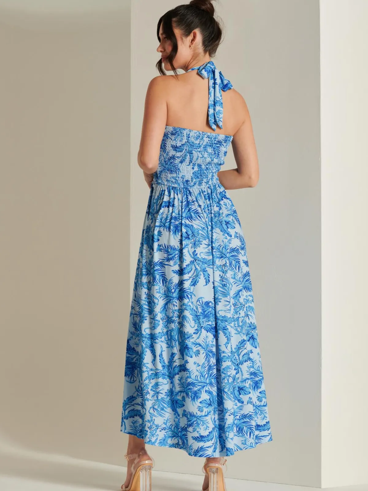 Jolie Moi Occasion Dresses|Jersey Dresses-Plunge Neck Shirred Back Maxi Dress, Blue