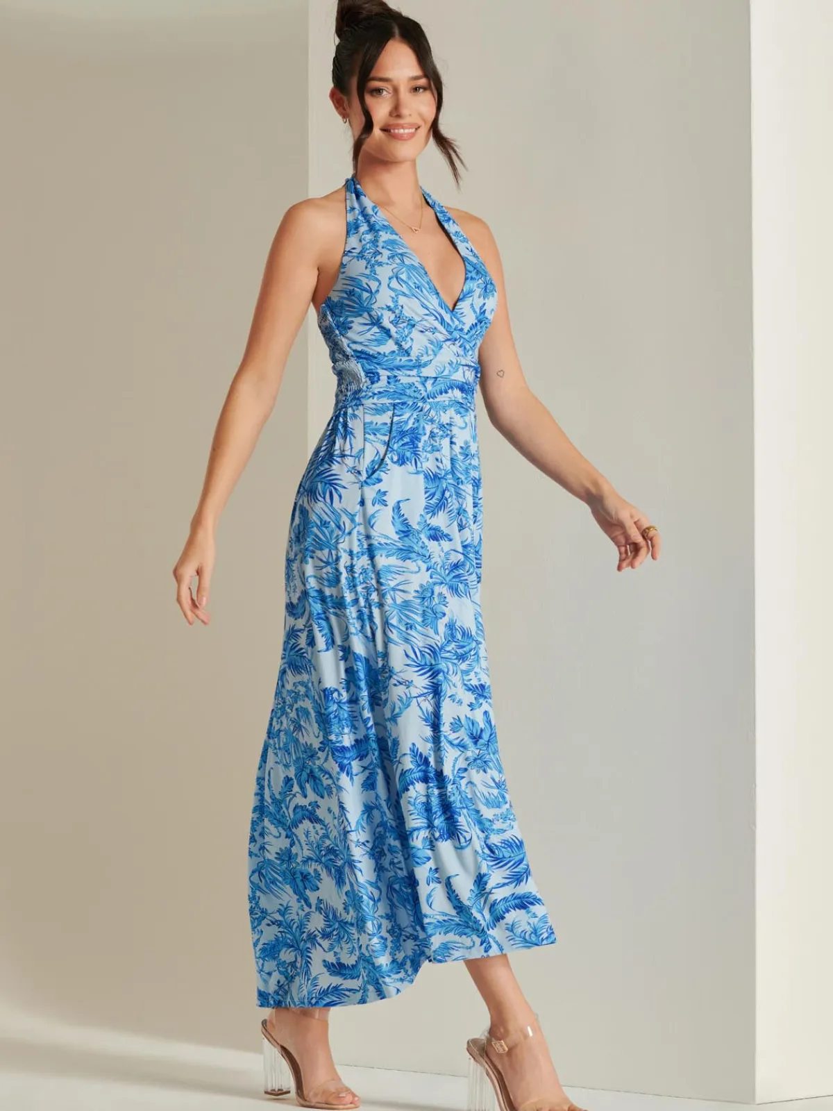 Jolie Moi Occasion Dresses|Jersey Dresses-Plunge Neck Shirred Back Maxi Dress, Blue