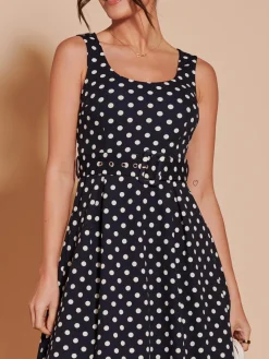 Jolie Moi Occasion Dresses|Sleeveless Dresses-Polka Dot 1950's Inspired Swing Dress, Navy Spot