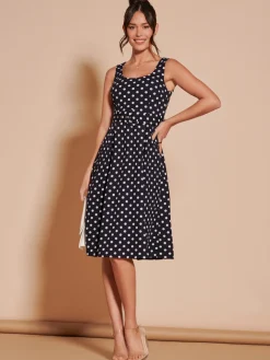 Jolie Moi Occasion Dresses|Sleeveless Dresses-Polka Dot 1950's Inspired Swing Dress, Navy Spot
