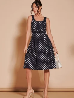 Jolie Moi Occasion Dresses|Sleeveless Dresses-Polka Dot 1950's Inspired Swing Dress, Navy Spot