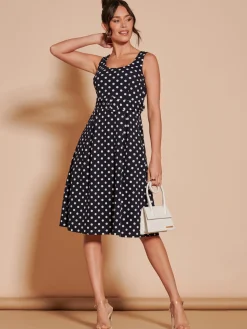 Jolie Moi Occasion Dresses|Sleeveless Dresses-Polka Dot 1950's Inspired Swing Dress, Navy Spot