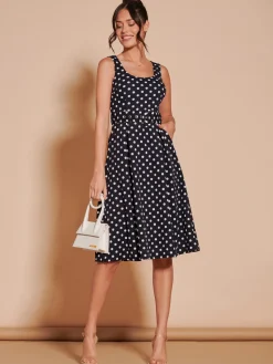 Jolie Moi Occasion Dresses|Sleeveless Dresses-Polka Dot 1950's Inspired Swing Dress, Navy Spot