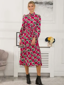 Jolie Moi Occasion Dresses|Jersey Dresses-Polo Neck Long Sleeve Midi Dress, Plum