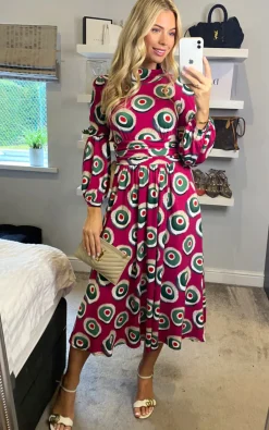 Jolie Moi Occasion Dresses|Jersey Dresses-Polo Neck Long Sleeve Midi Dress, Plum
