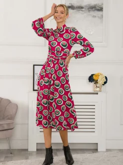 Jolie Moi Occasion Dresses|Jersey Dresses-Polo Neck Long Sleeve Midi Dress, Plum