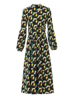 Jolie Moi Jersey Dresses|Weekend Casuals-Polo Neck Long Sleeve Midi Dress, Teal White Geo