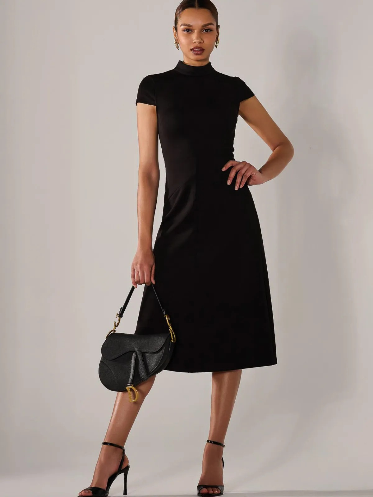 Jolie Moi Occasion Dresses|Office Dresses-Ponte Cap Sleeve Midi Dress, Black