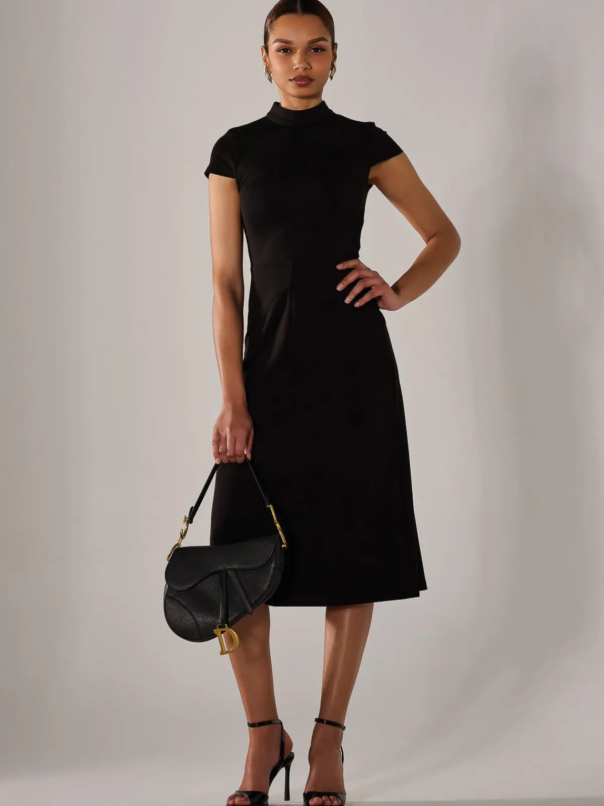 Jolie Moi Occasion Dresses|Office Dresses-Ponte Cap Sleeve Midi Dress, Black