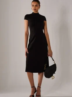 Jolie Moi Occasion Dresses|Office Dresses-Ponte Cap Sleeve Midi Dress, Black