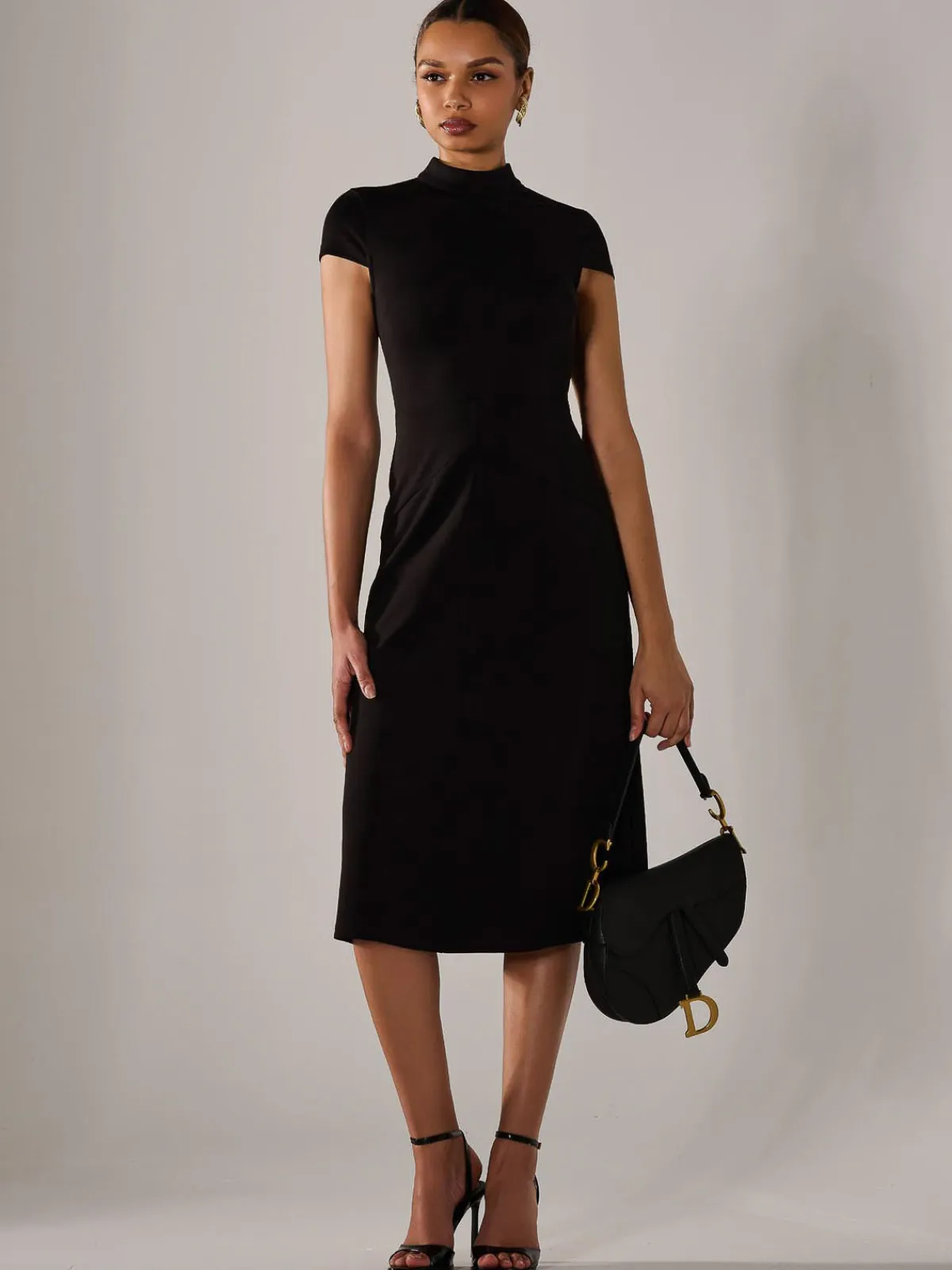 Jolie Moi Occasion Dresses|Office Dresses-Ponte Cap Sleeve Midi Dress, Black