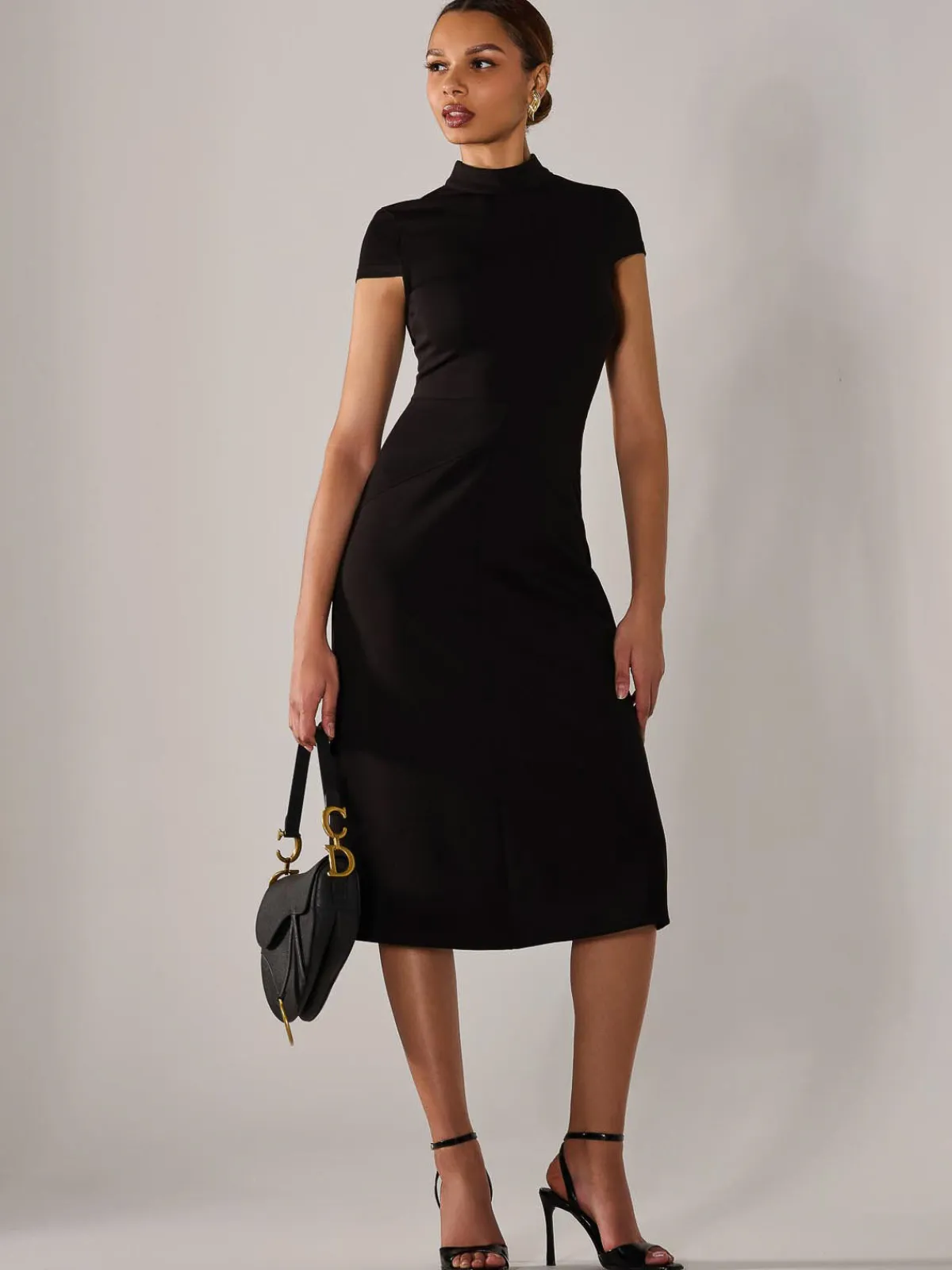 Jolie Moi Occasion Dresses|Office Dresses-Ponte Cap Sleeve Midi Dress, Black