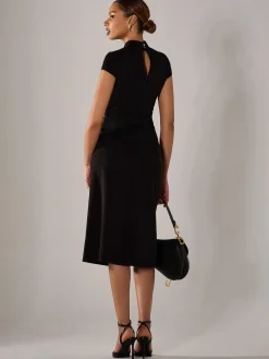 Jolie Moi Occasion Dresses|Office Dresses-Ponte Cap Sleeve Midi Dress, Black