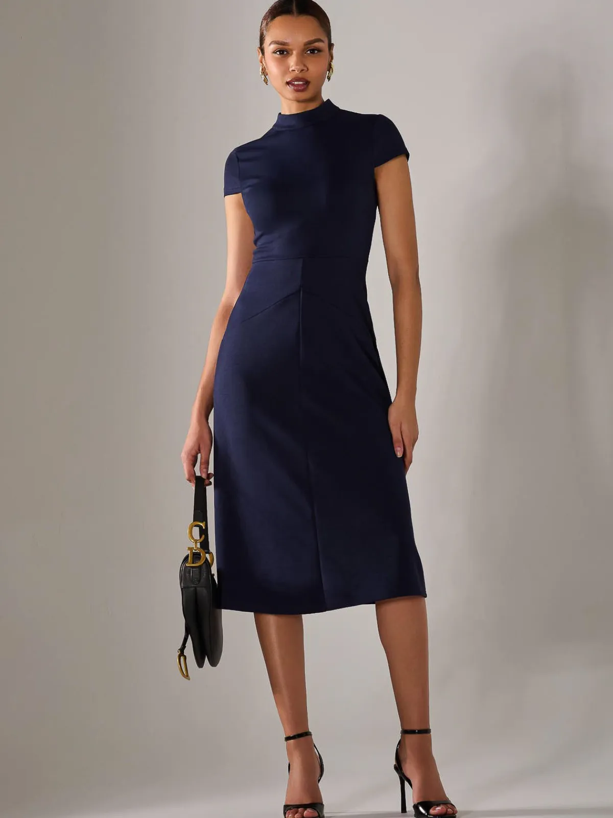 Jolie Moi Office Wear|Midi Dresses-Ponte Cap Sleeve Midi Dress, Navy