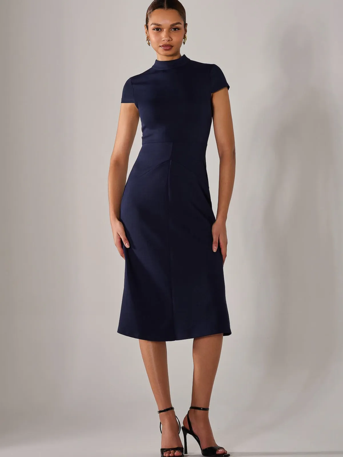 Jolie Moi Office Wear|Midi Dresses-Ponte Cap Sleeve Midi Dress, Navy
