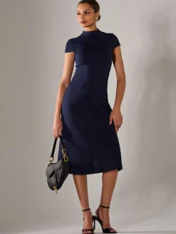 Jolie Moi Office Wear|Midi Dresses-Ponte Cap Sleeve Midi Dress, Navy