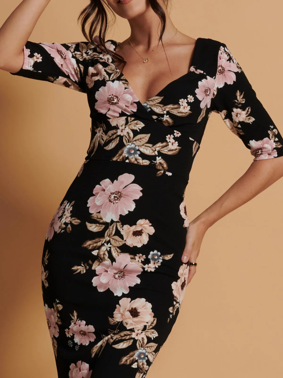 Jolie Moi Occasion Dresses|Weekend Casuals-Pranavi Print Scuba Bodycon Dress, Black Floral