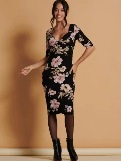 Jolie Moi Occasion Dresses|Weekend Casuals-Pranavi Print Scuba Bodycon Dress, Black Floral