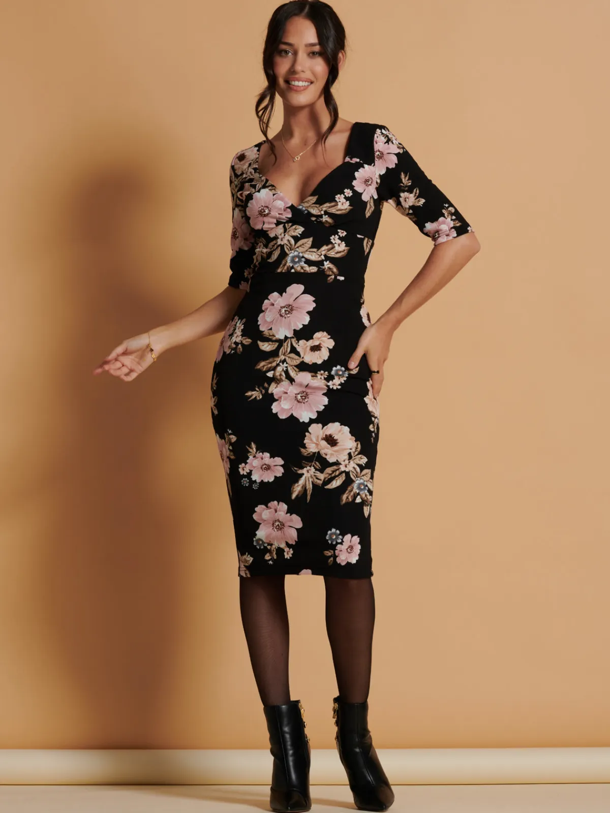 Jolie Moi Occasion Dresses|Weekend Casuals-Pranavi Print Scuba Bodycon Dress, Black Floral