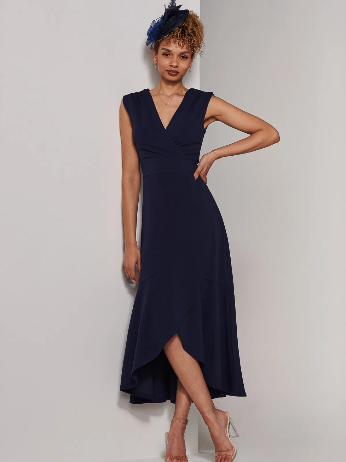 Jolie Moi Occasion Dresses|Sleeveless Dresses-Preslie Wrap Frill Hem Maxi Dress, Navy