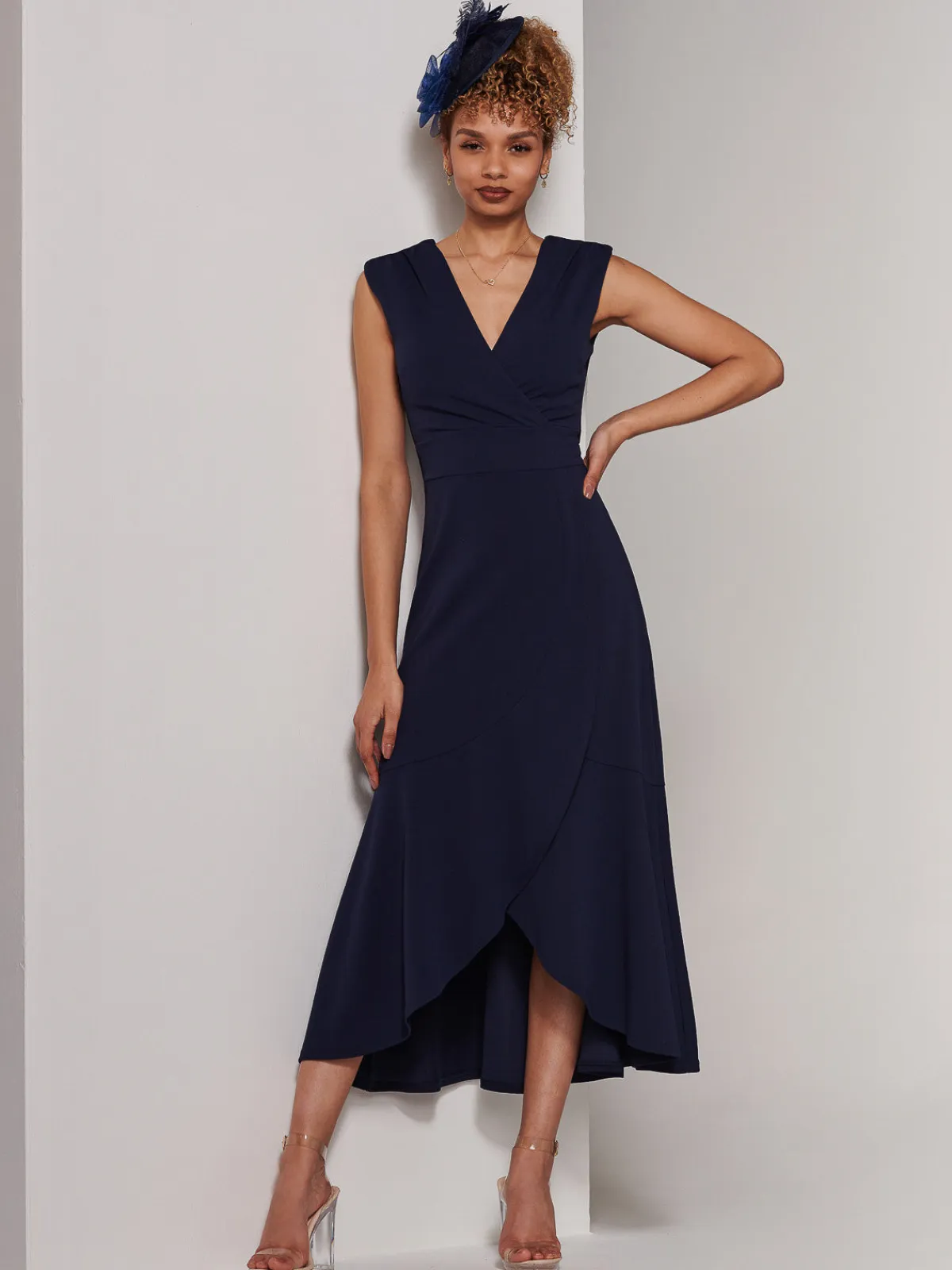 Jolie Moi Occasion Dresses|Sleeveless Dresses-Preslie Wrap Frill Hem Maxi Dress, Navy