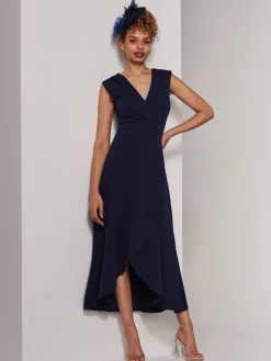 Jolie Moi Occasion Dresses|Sleeveless Dresses-Preslie Wrap Frill Hem Maxi Dress, Navy