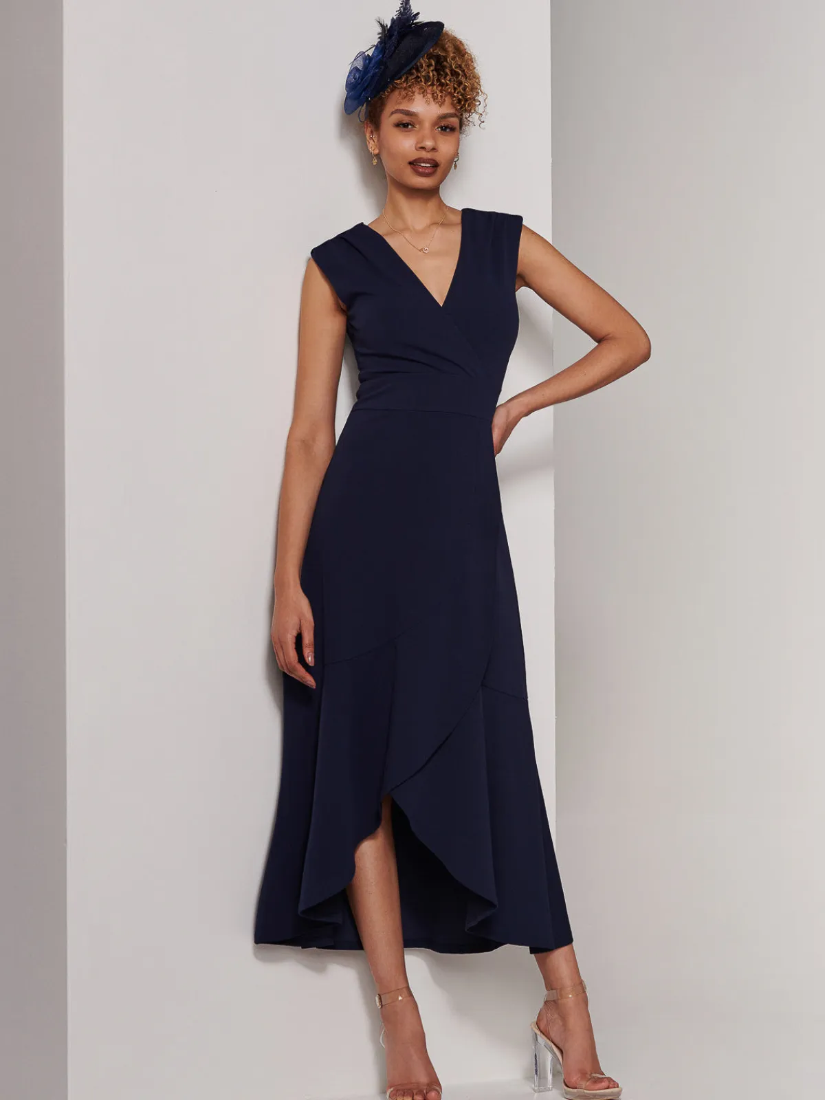 Jolie Moi Occasion Dresses|Sleeveless Dresses-Preslie Wrap Frill Hem Maxi Dress, Navy