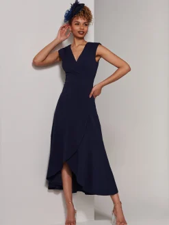 Jolie Moi Occasion Dresses|Sleeveless Dresses-Preslie Wrap Frill Hem Maxi Dress, Navy