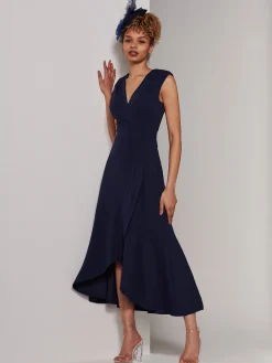 Jolie Moi Occasion Dresses|Sleeveless Dresses-Preslie Wrap Frill Hem Maxi Dress, Navy