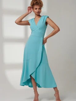Jolie Moi Occasion Dresses|Sleeveless Dresses-Preslie Wrap Frill Hem Maxi Dress, Turquoise
