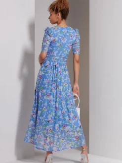 Jolie Moi Occasion Dresses|Weekend Casuals-Print Dip Hem Mesh Maxi Dress, Blue Floral