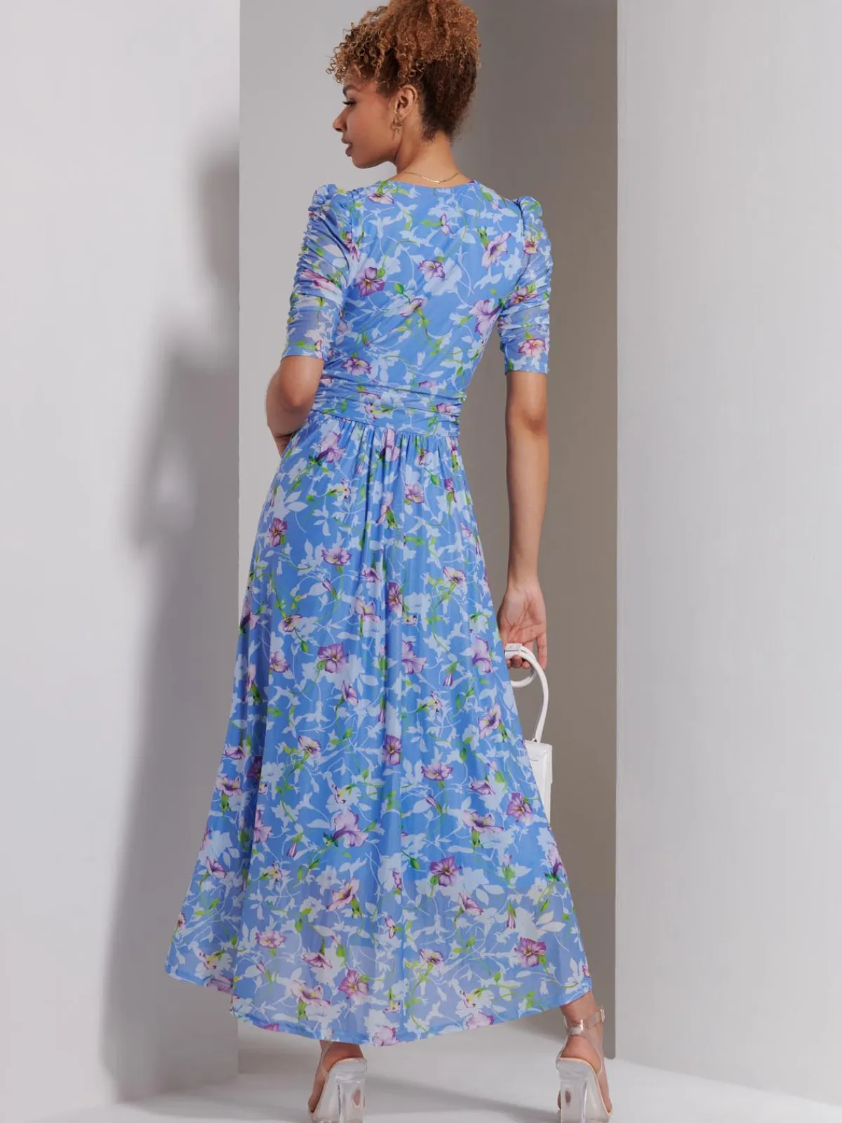 Jolie Moi Occasion Dresses|Weekend Casuals-Print Dip Hem Mesh Maxi Dress, Blue Floral