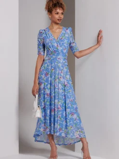 Jolie Moi Occasion Dresses|Weekend Casuals-Print Dip Hem Mesh Maxi Dress, Blue Floral