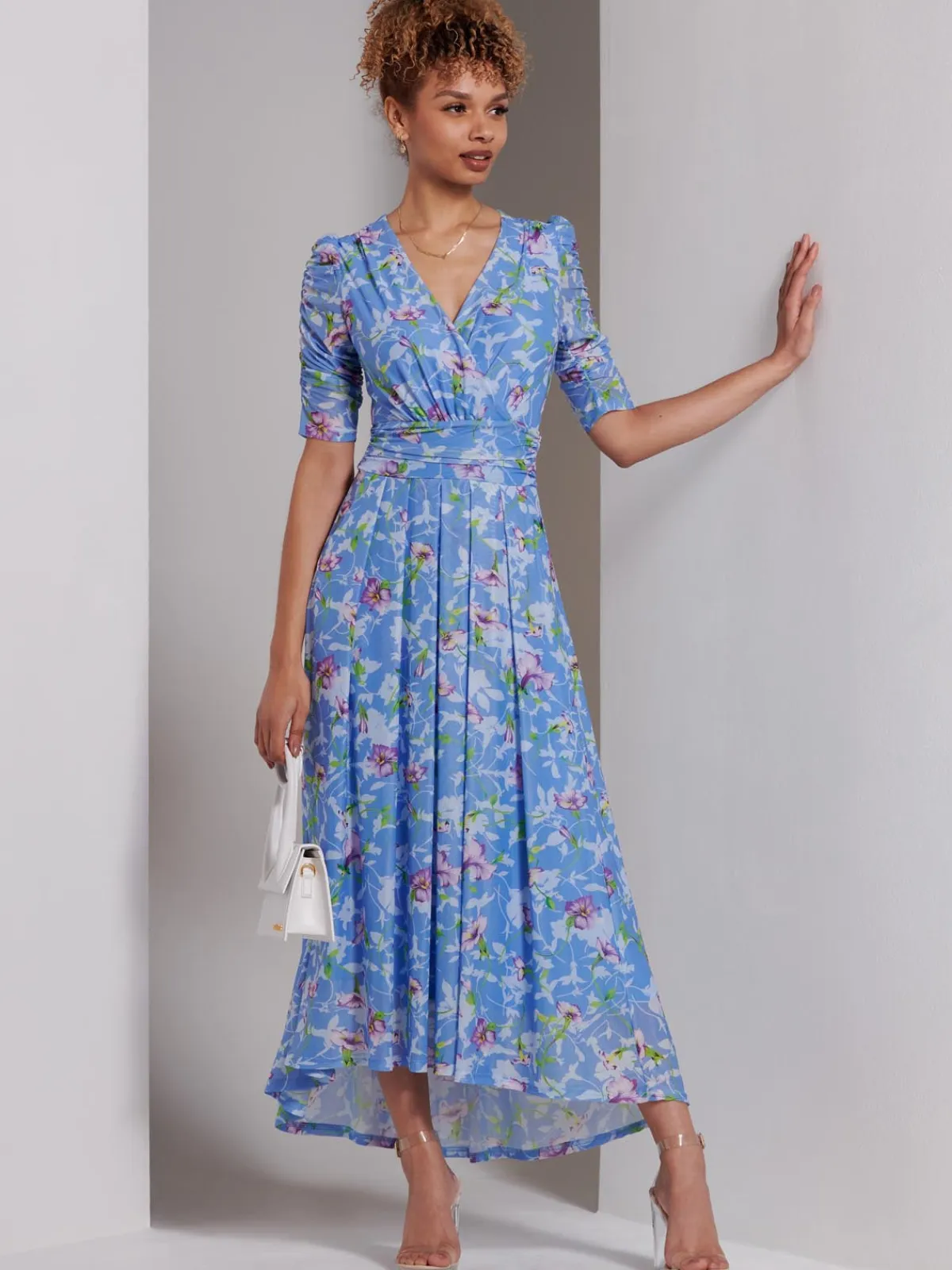 Jolie Moi Occasion Dresses|Weekend Casuals-Print Dip Hem Mesh Maxi Dress, Blue Floral