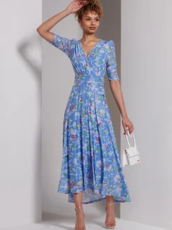 Jolie Moi Occasion Dresses|Weekend Casuals-Print Dip Hem Mesh Maxi Dress, Blue Floral
