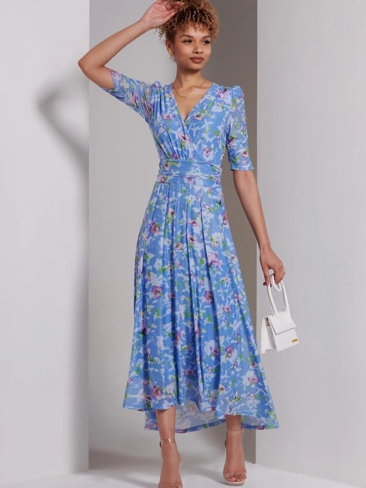 Jolie Moi Occasion Dresses|Weekend Casuals-Print Dip Hem Mesh Maxi Dress, Blue Floral