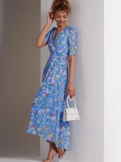 Jolie Moi Occasion Dresses|Weekend Casuals-Print Dip Hem Mesh Maxi Dress, Blue Floral