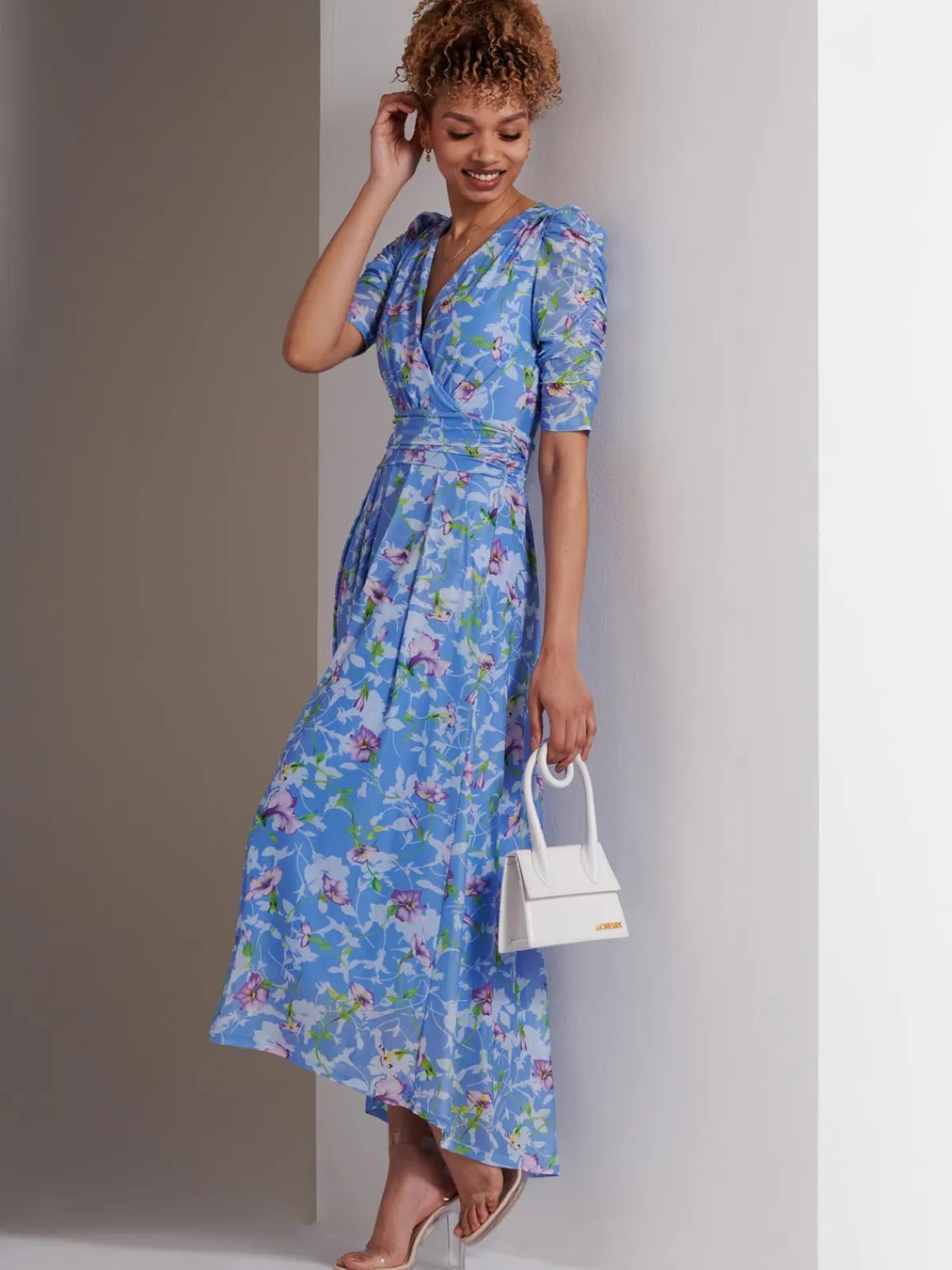 Jolie Moi Occasion Dresses|Weekend Casuals-Print Dip Hem Mesh Maxi Dress, Blue Floral