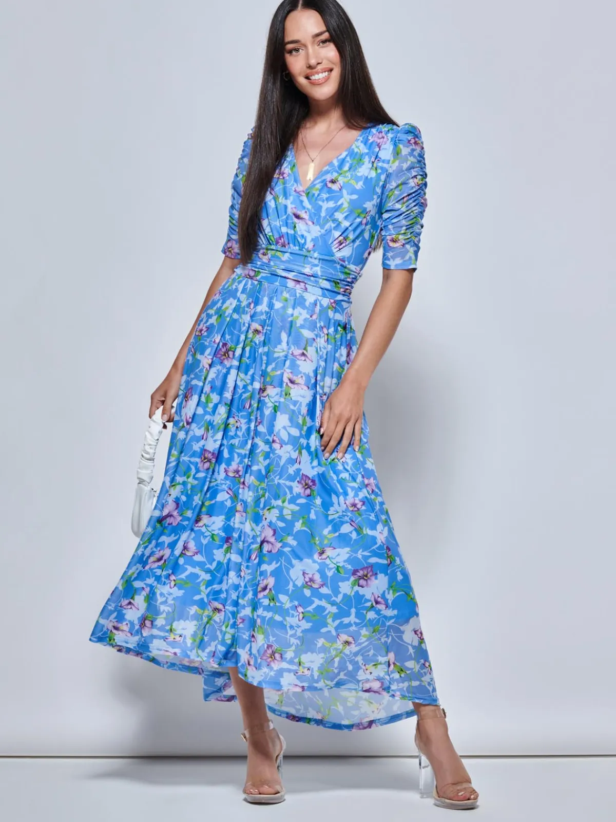 Jolie Moi Occasion Dresses|Weekend Casuals-Print Dip Hem Mesh Maxi Dress, Blue Floral