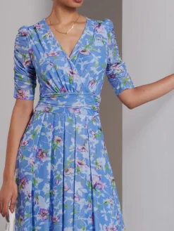 Jolie Moi Occasion Dresses|Weekend Casuals-Print Dip Hem Mesh Maxi Dress, Blue Floral