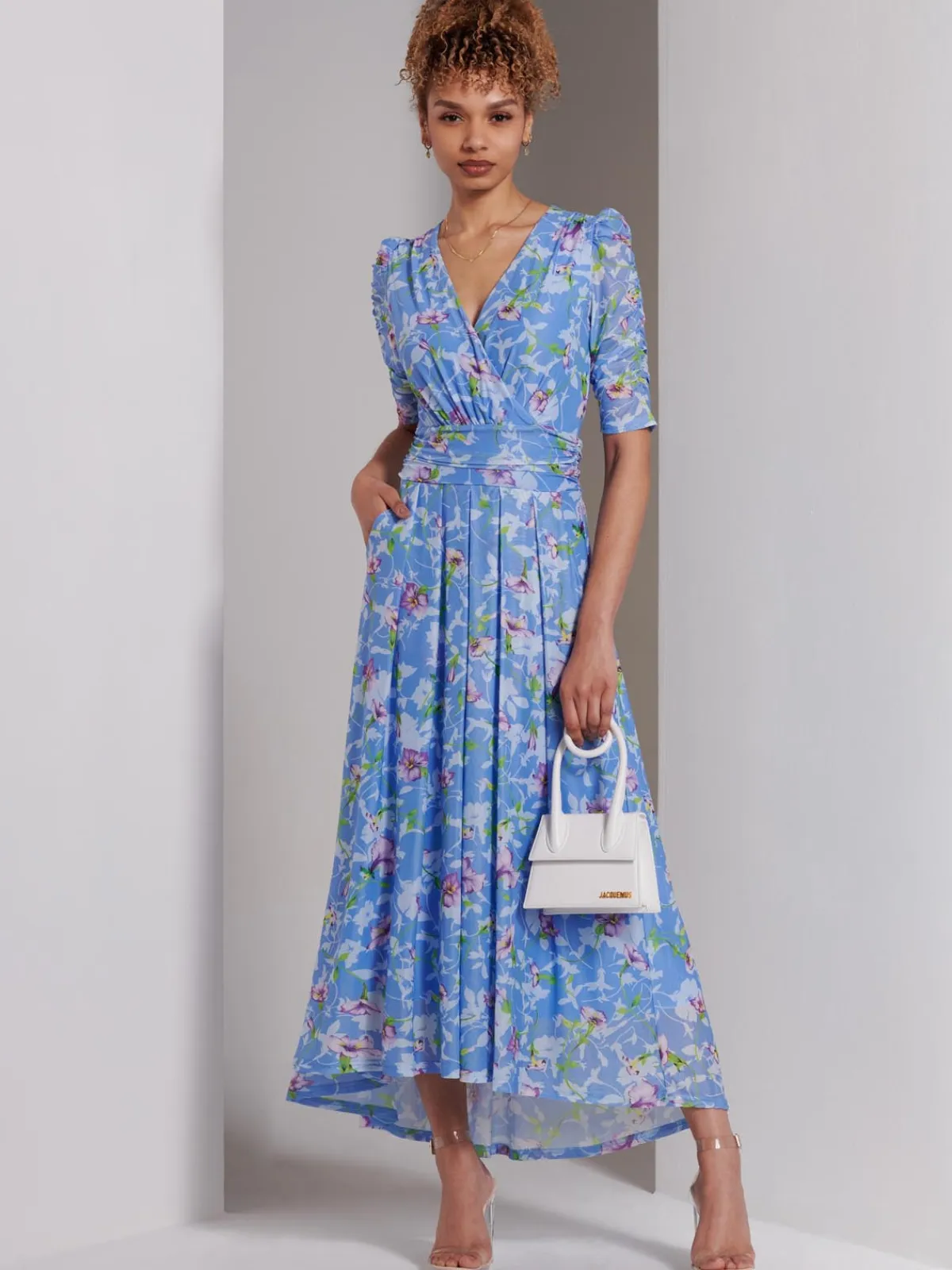 Jolie Moi Occasion Dresses|Weekend Casuals-Print Dip Hem Mesh Maxi Dress, Blue Floral