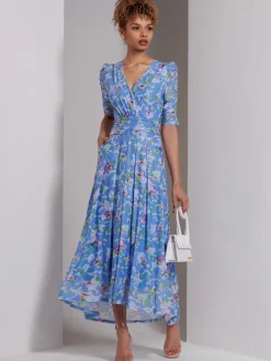 Jolie Moi Occasion Dresses|Weekend Casuals-Print Dip Hem Mesh Maxi Dress, Blue Floral