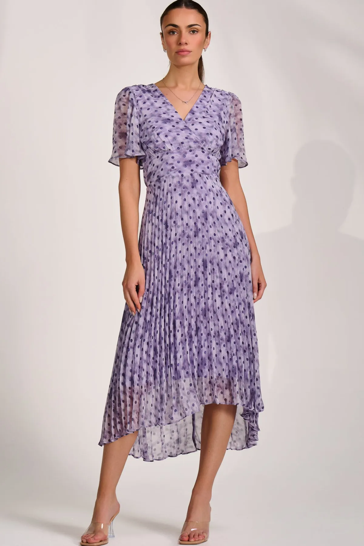 Jolie Moi Occasion Dresses|Maxi Dresses-Printed Chiffon Glitter Maxi Dress, Blue Spot