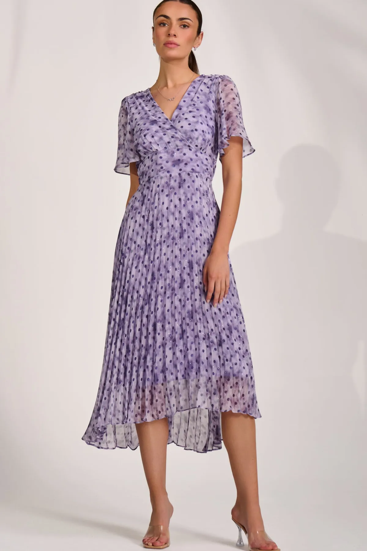 Jolie Moi Occasion Dresses|Maxi Dresses-Printed Chiffon Glitter Maxi Dress, Blue Spot